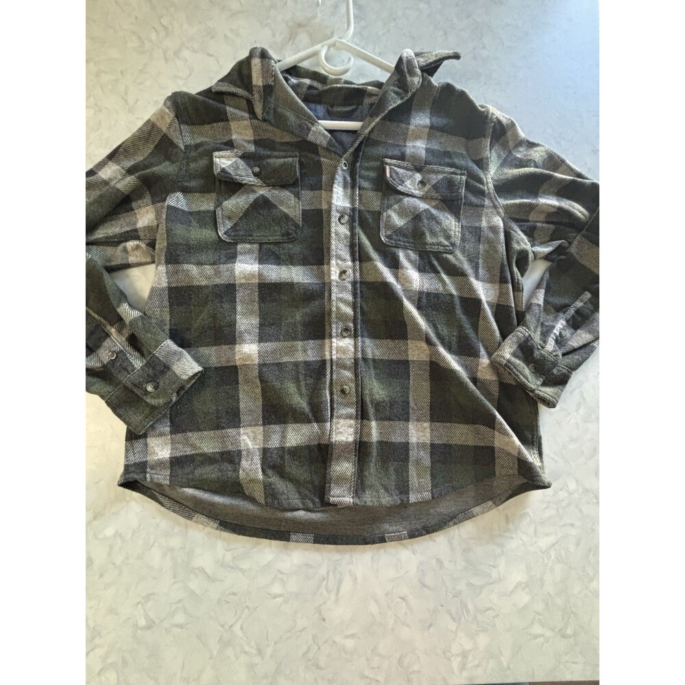 Chaps Mens Large Heavy Fleece Lined Shirt Jacket Plaid Flannel Green Button Up